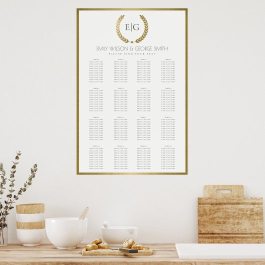 GOLD FLORAL LAUREL WREATH WEDING SITZPLATTE POSTER (Küche)