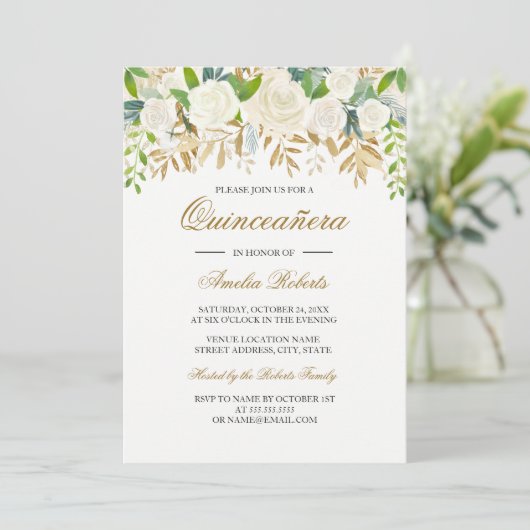 Gold Floral Leaf Aquarell Quinceanera Einladung (Stehend Vorderseite)