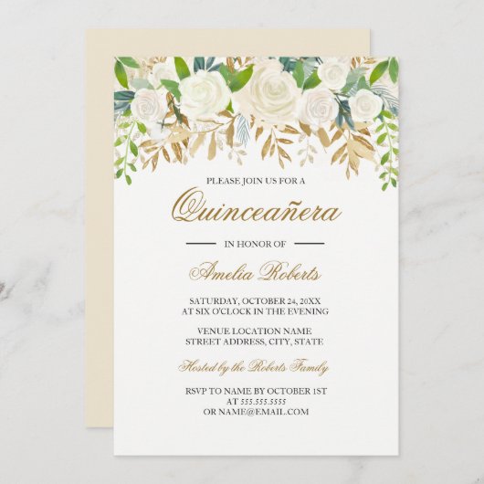 Gold Floral Leaf Aquarell Quinceanera Einladung (Vorne/Hinten)