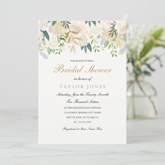 Gold Floral Leaf Brautparty laden Einladung (Stehend Vorderseite)