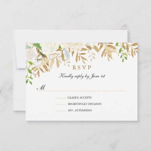 Gold Floral Leaf Watercolor Wedding RSVP Karte (Vorderseite)