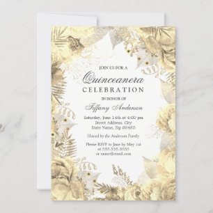 Gold Floral Leaf Wreath Quinceanera Einladung