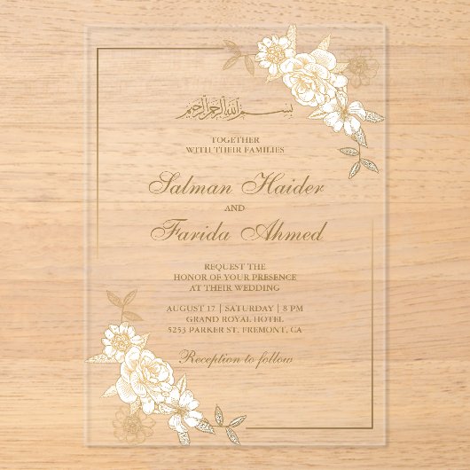 Gold Floral Leaves Branch Muslim Wedding Acryleinladungen (Vorderseite)