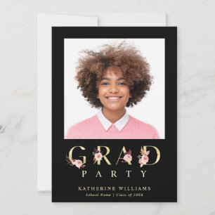 Gold Floral Letters Graduation Party Foto Einladung