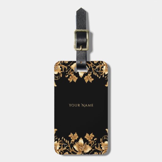 Gold Floral Luggage Tag Gepäckanhänger (Vorderseite vertikal)