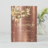 Gold Floral Masque Stars Brown Metallic Sweet 16 Einladung (Stehend Vorderseite)