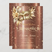 Gold Floral Masque Stars Brown Metallic Sweet 16 Einladung (Vorne/Hinten)