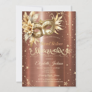 Gold Floral Masque Stars Brown Metallic Sweet 16 Einladung