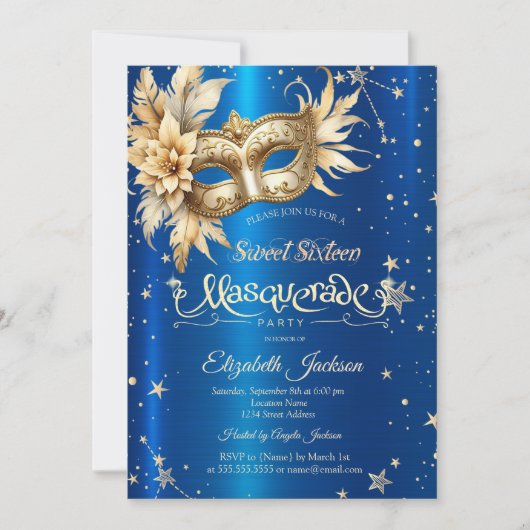 Gold Floral Masque Stars Royal Blue Sweet 16 Einladung (Vorderseite)