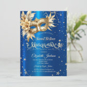 Gold Floral Masque Stars Royal Blue Sweet 16 Einladung (Stehend Vorderseite)