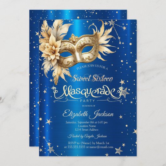 Gold Floral Masque Stars Royal Blue Sweet 16 Einladung (Vorne/Hinten)