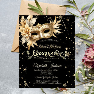 Gold Floral Masque Stars Sweet 16 Einladung