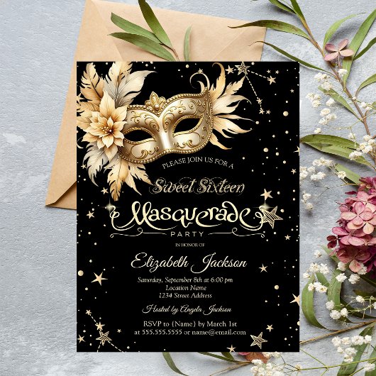Gold Floral Masque Stars Sweet 16 Einladung