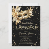 Gold Floral Masque Stars Sweet 16 Einladung (Vorderseite)