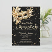 Gold Floral Masque Stars Sweet 16 Einladung (Stehend Vorderseite)