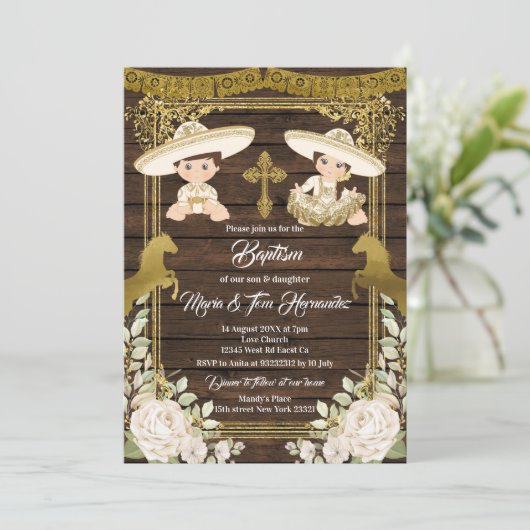 Gold Floral mexikanische Taufe Fiesta Twin Einladu Einladung (Stehend Vorderseite)