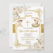 Gold Floral mexikanische Taufe Fiesta Twin Einladung (Vorderseite)