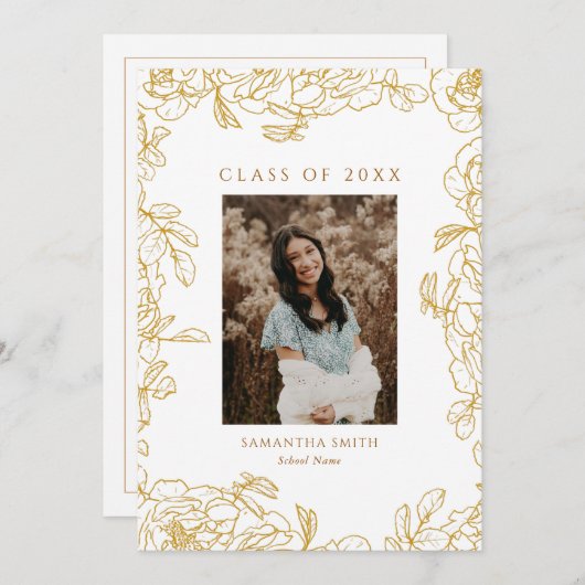 Gold Floral Modern Typografy Foto Abschluss Ankündigung (Vorne/Hinten)