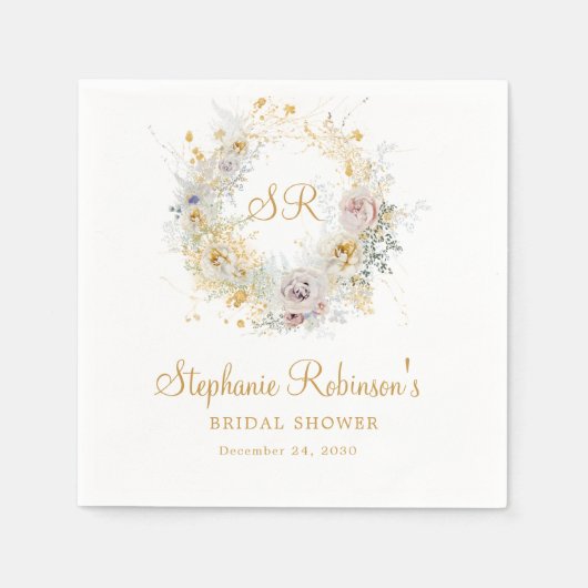 Gold Floral Monogram Brautparty Serviette (Vorderseite)