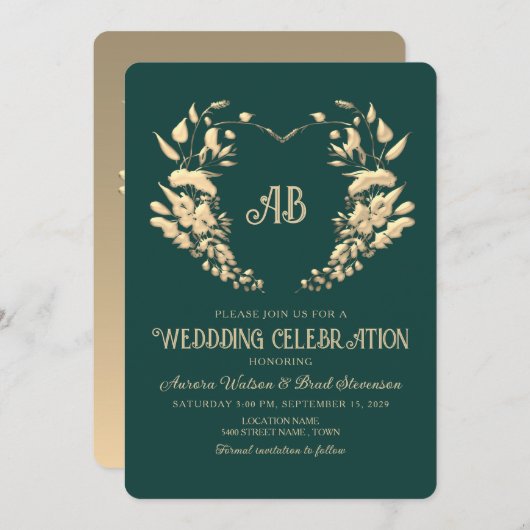 Gold Floral Monogram Emerald Wedding Einladung (Vorne/Hinten)