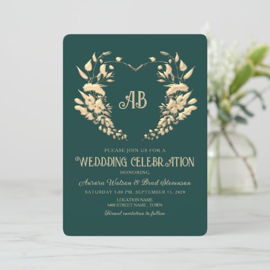 Gold Floral Monogram Emerald Wedding Einladung (Stehend Vorderseite)