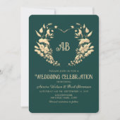 Gold Floral Monogram Emerald Wedding Einladung (Vorderseite)