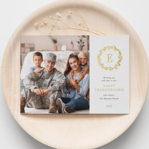 Gold Floral Monogram Erntedank Grußspiel Foto Folien Feiertagskarte