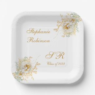 Gold Floral Monogram Graduation Party Pappteller