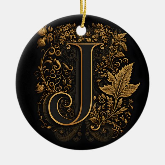 Gold Floral Monogram J Keramik Ornament (Vorne)