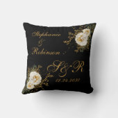 Gold Floral Monogram Logo auf Black Wedding Gesche Kissen (Rückseite)