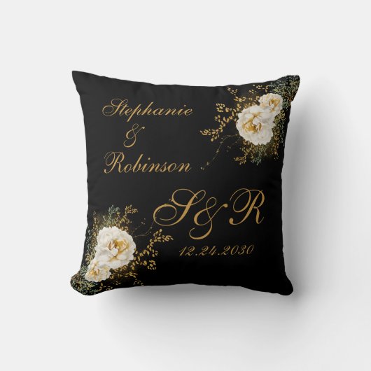 Gold Floral Monogram Logo auf Black Wedding Gesche Kissen (Vorderseite)