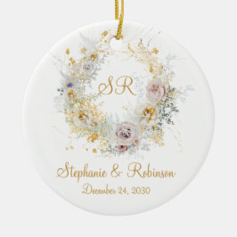 Gold Floral Monogram Logo Hochzeitsgeschenk Keramik Ornament