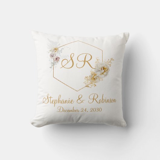 Gold Floral Monogram Logo Hochzeitsgeschenk Kissen (Vorderseite)