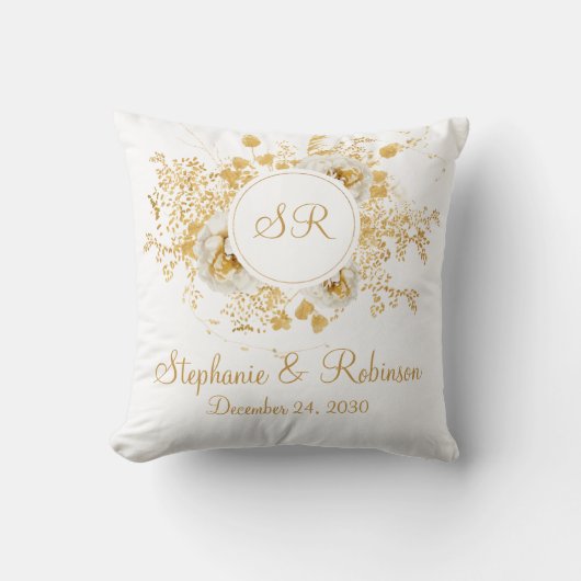 Gold Floral Monogram Logo Hochzeitsgeschenk Kissen (Vorderseite)