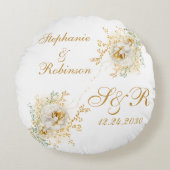 Gold Floral Monogram Logo Hochzeitsgeschenk Rundes Kissen (Vorderseite)