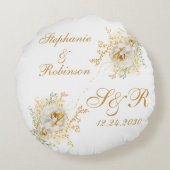 Gold Floral Monogram Logo Hochzeitsgeschenk Rundes Kissen (Rückseite)