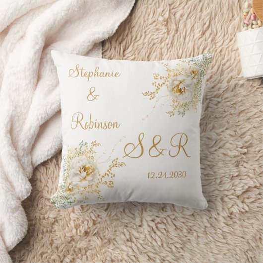 Gold Floral Monogram Logo Hochzeitszange Kissen (Decke)