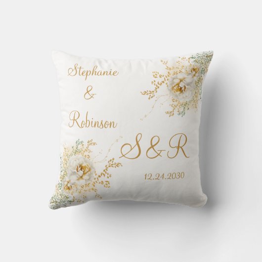Gold Floral Monogram Logo Hochzeitszange Kissen (Rückseite)