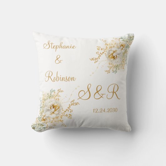 Gold Floral Monogram Logo Hochzeitszange Kissen (Vorderseite)