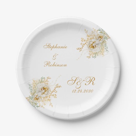 Gold Floral Monogram Logo Hochzeitszange Pappteller (Vorderseite)