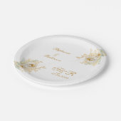 Gold Floral Monogram Logo Hochzeitszange Pappteller (Schrägansicht)