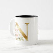 Gold Floral Monogram N Mug Zweifarbige Tasse (Vorderseite Links)