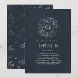 Gold Floral Monogram Vintag Navy Brautparty Einladung