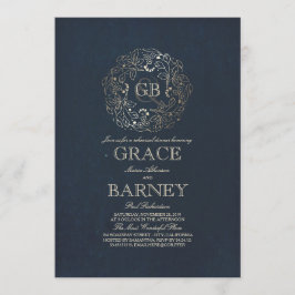 Gold Floral Monogram Vintag Navy Probe Dinner Einladung