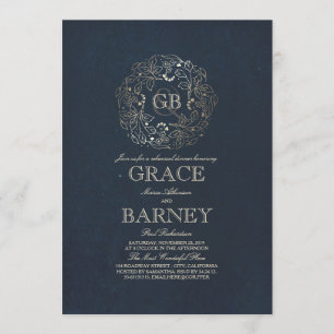 Gold Floral Monogram Vintag Navy Probe Dinner Einladung