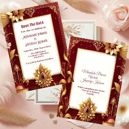 Gold Floral Motif Asymmetric Grand Indian Wedding Save The Date