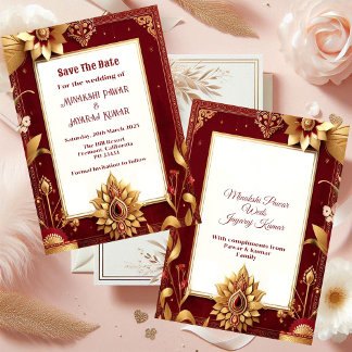 Gold Floral Motif Asymmetric Grand Indian Wedding Save The Date