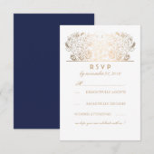 Gold Floral Navy and White Wedding RSVP Card Karte (Vorne/Hinten)