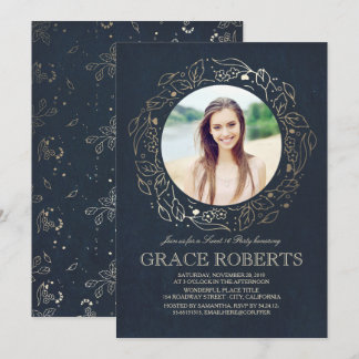 Gold Floral Navy Vintag | Sweet 16 Geburtstag Einladung