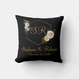 Gold Floral on Black Monogram Logo Hochzeitsgesche Kissen